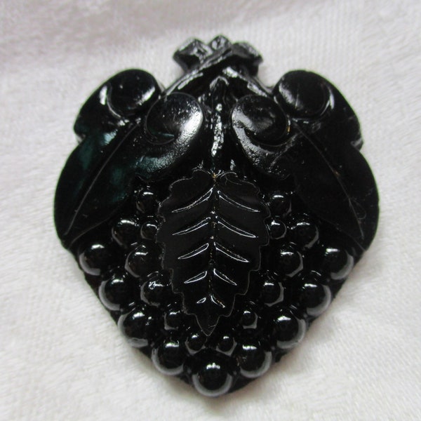 Antique Victorian Ca. 1860-1890 Black Jet Glass Mourning Brooch Pin Topper/Cabochon/Jewelry Component, 43mm by 38mm, Flat Back, 1 Cabochon