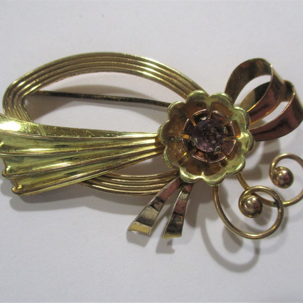 Vintage Harry Iskin Gold Filled Bow and Flower Spray Brooch Pin signed; H. I. 1/20 12K, 2 1/2 Inches by 1 3/8 Inches, 1 Pin