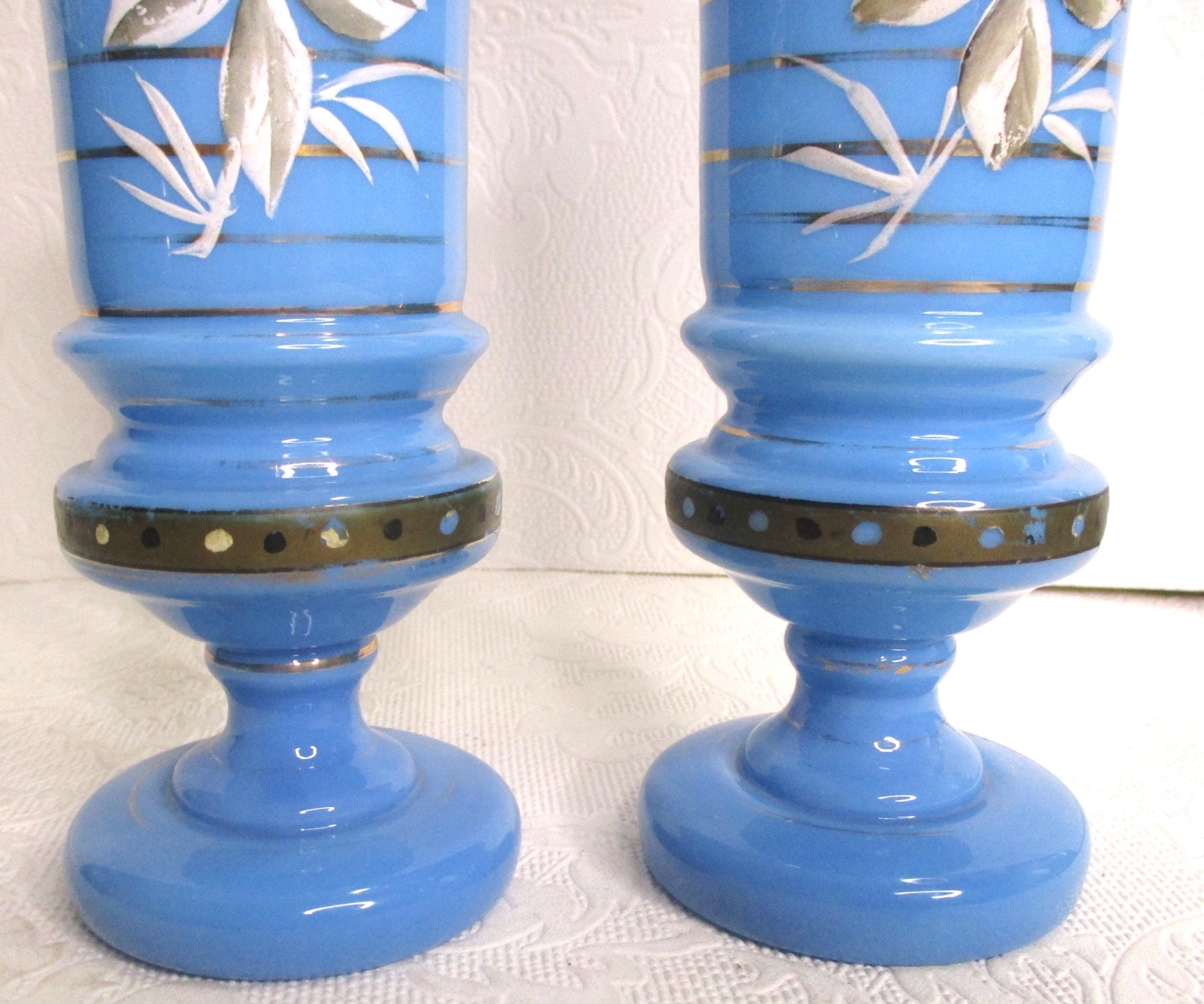 イタリアアンティーク Antique Victorian Ca. 1890 Blue Bristol Glass Flower Vase Pair