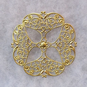 Detailed Vintage Flat Stamped Brass Roundish Lacy Filigree 62.5mm Disk/Medallion/Jewelry Component/Embellishment/Decoration/Trim, 1 Pc. (jj)