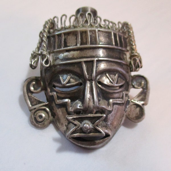 Vintage 925 Sterling Hecho En Mexico R.B.Z. Aztec/Mayan Style Warrior Mask Brooch Pin, Measures 1 5/8 Inches by  1 1/2 Inches. (MOS)