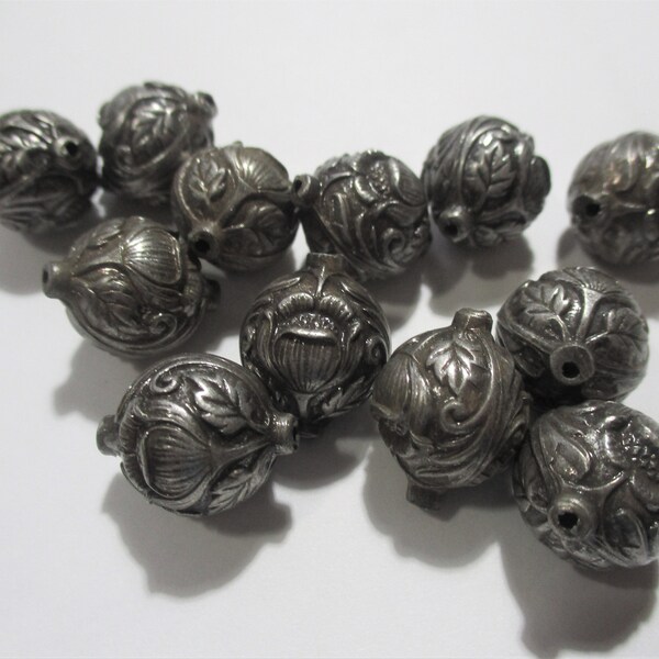 Vintage 1980's Detailed Antiqued Silver Coated/Plated Carved Resin Flower & Leaf Beads, Center Drilled, 13mm, Old Studio Stock,  12 Beads