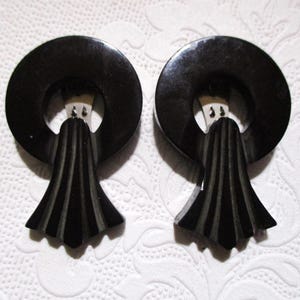 Vintage 1930&#39;s Art Deco Carved Black Bakelite Dress Clips; Classic Art Deco, Metal Clip, 2 3/8&quot; by 1 5/8&quot;, 1 Pair of Art Deco Dress Clips