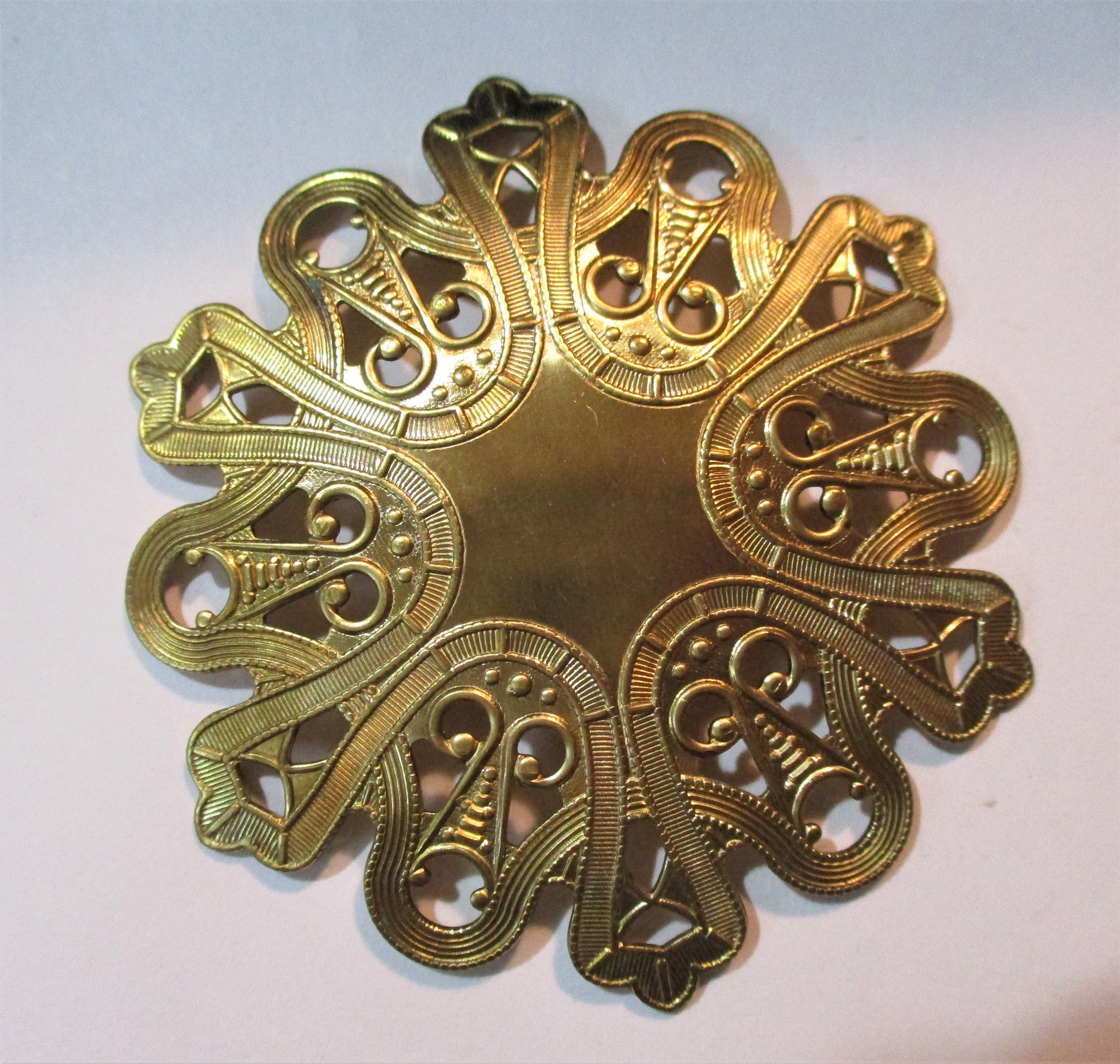 Vintage Abstract Hammered Stamped Brass Arts & Crafts Movement Design Open Work Medallion/Jewelry Component/Embellishment Round 52mm 1 Pc.
