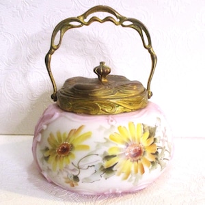 Antique Art Nouveau C.F. Monroe Glass Co. Wavecrest Opal Ware Pink and White Mold Blown Hand Painted Floral Biscuit Jar with Lid and Handle