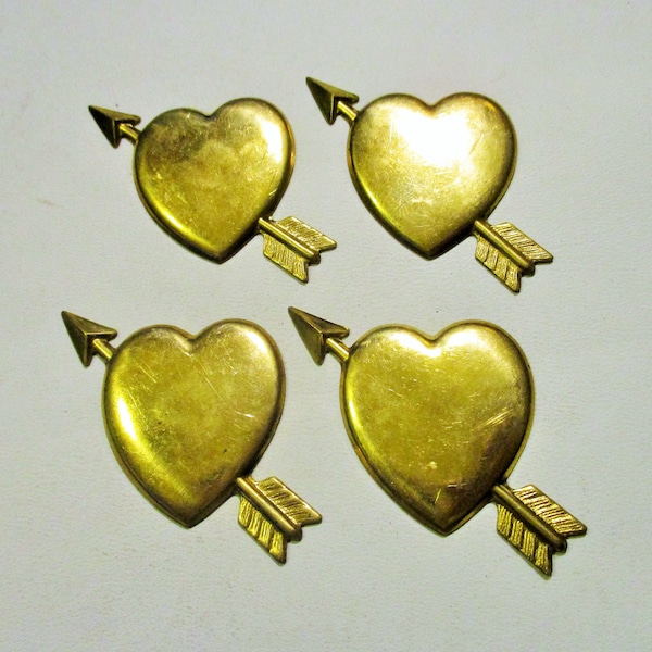 Vintage Heart & Cupid's Arrow Brass Stampings, 1980's Embellishments/Jewelry Components/Pin Toppers/Craft Embellishments, 52x29mm, 4 Pieces