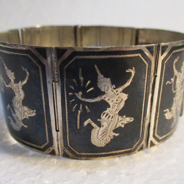 Vintage 1940-50's Authentic Nielloware Siam Enamel and Sterling Seven Panel Bracelet with Mekkala Siamese Goddess Dancers, 6 1/2 Inch Size