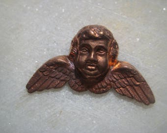 French Art Nouveau Cemetery Angel/Cherub Stamping, Vintage 1940, Old Patina Raw Stamped Brass, Jewelry Finding, Decorative Trim 31mm,  1 pc.