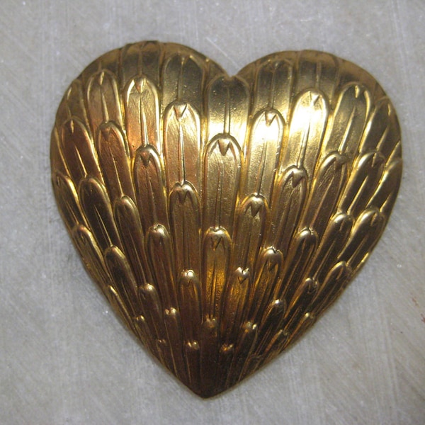 Vintage 1970s Brass Heart, Egyptian Revival Style Feather Design, Unplated Stamping, Cabochon Jewelry Finding, Decorative Trim 46x45mm 1 pc.