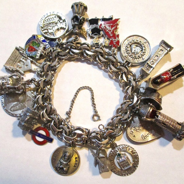Vintage Sterling Charm Bracelet, Ornate Double Link Chain, 22 Sterling Charms, 100 Grams, 7 1/4 Inch, B. A. Ballou & Co., Providence, R.I.