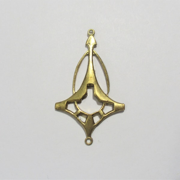 Vintage Die Struck Brass Art Nouveau Style Open Work Pendant Connector Drop/Jewelry Component/Focal, 1 1/2" by 1", Two 2mm Loops. 1 Pc