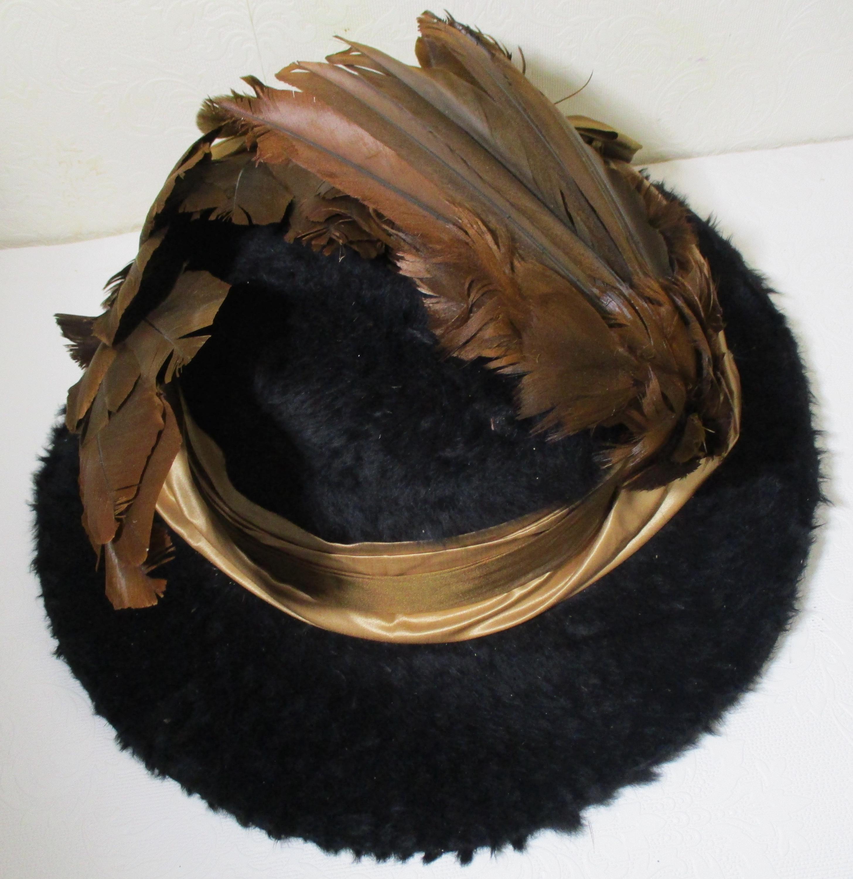 Ladies Antique Edwardian Circa 1910 Black Beaver Fur Hat 