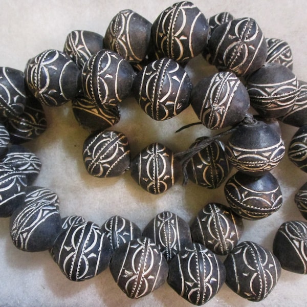 African/Ethnic Handmade Traditional Tribal Clay Bicone Spindle Whorl Beads from Mali, 22mm by 24mm, 35 Inch Strand, 40 Beads