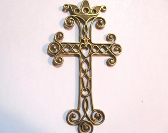 Vintage French Brass Ornate Filigree Cross Pendant, French Renaissance, Stone Setting Spaces, Jewelry Component/Finding, Large 3 1/4", 1 Pc.