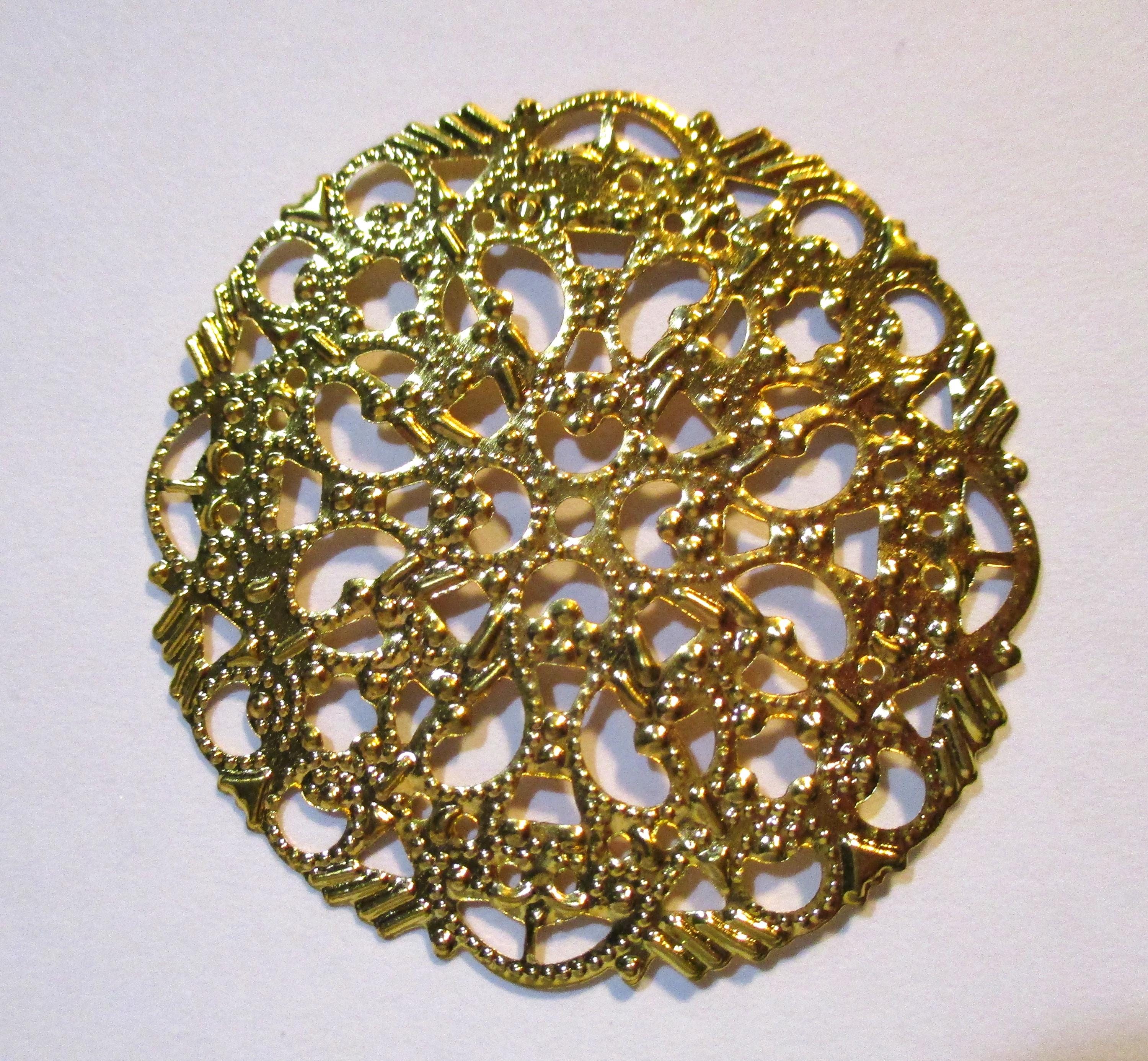 Round Bright Gold Plated Flat Brass Filigree Stamping, Jewelry Finding/Component/Centerpiece, Measures 44mm x 44mm,  1 Pc.