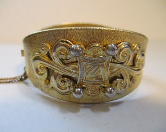 Vintage Signed Freirich Hinged Cuff Bracelet, Ornate Brass Victorian Style, Safety Chain, 7 1/4 Inch Size