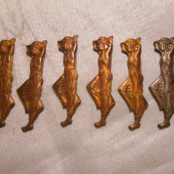 1920s Flapper Girl, Vintage Die Struck Art Nouveau Raw Unplated French Brass Stampings/Jewelry Components, Old Stock, 42mm x 11mm, 6 Pcs.