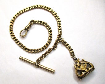 Antique Victorian Brass Watch Chain with Ornate Monogrammed Fob, Button Bar and Swivel Hook, 11 1/2 Inch, 1 Complete Chain. (CRMI)