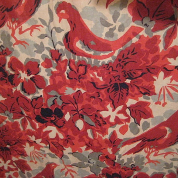Reserved for Victoria O'Neill - Vintage Drapery Fabric, 1970s "Decor" Everglaze, Red Glazed Cotton Chintz, Flowers and Birds 5 yds