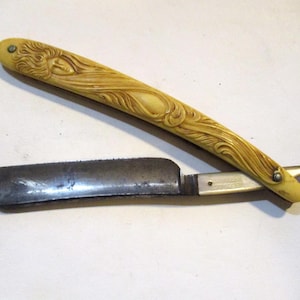 Antique "Berg & Co., W. Germany", Maiden Design Faux Carved Bakelite Straight Razor, Original Estate Item, 6 1/8", 1 Pc.