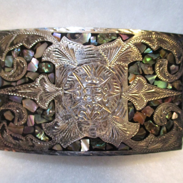 Vintage Plata De Jalisco VHLC Guad Mexico Sterling Silver 925 Etched w/ Inlaid Abalone Mosaic Belt Buckle, 3 3/8" by 2".   (CRMI)