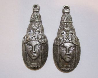 Vintage Egyptian Revival Queen of the Nile Goddess Drops, Zinc Stampings/Jewelry Component/Earring Findings, 35mm by 14mm, 2.5mm Loop, 1 pr.