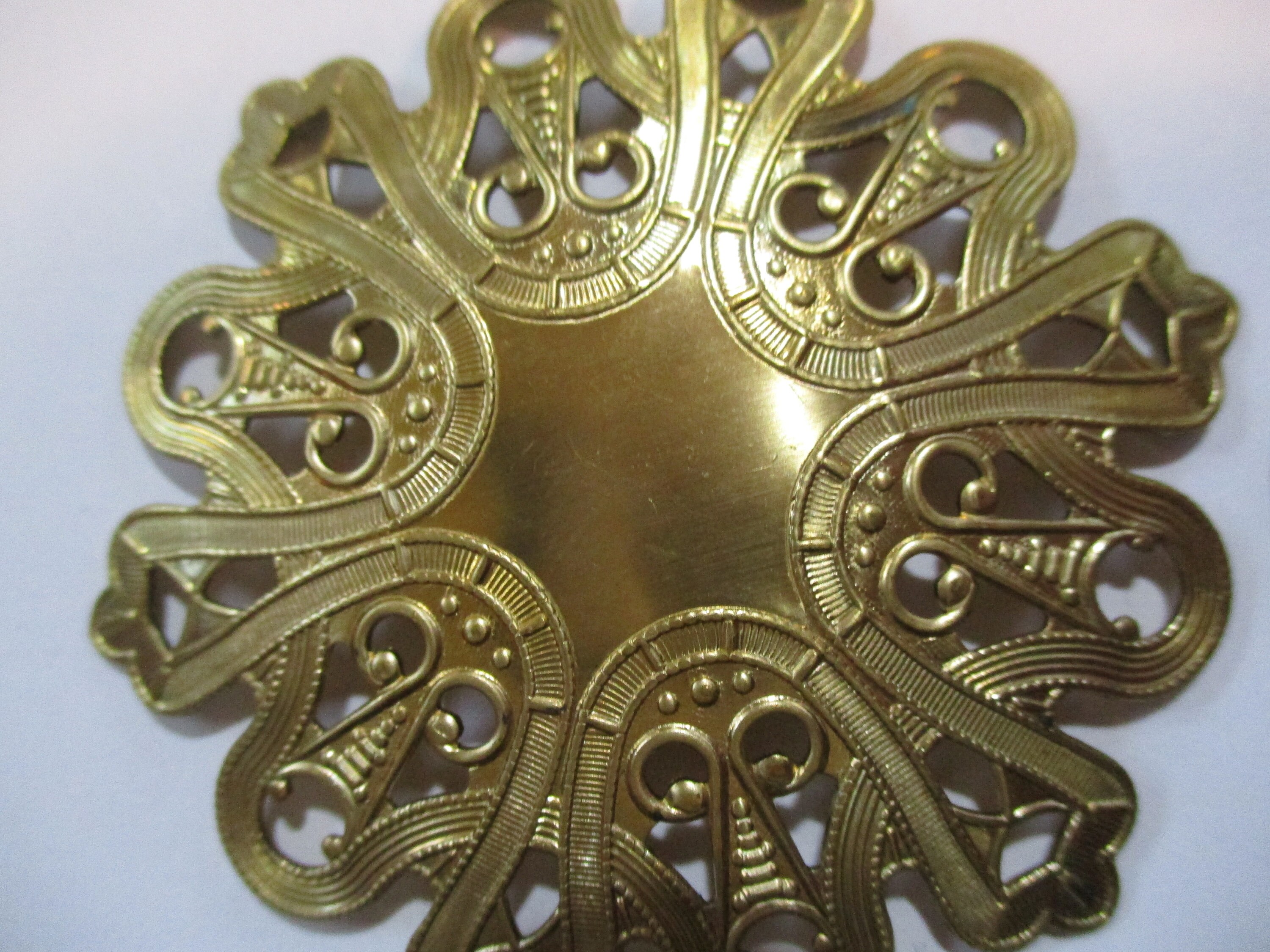 Vintage Abstract Hammered Stamped Brass Arts & Crafts Movement Design Open Work Medallion/Jewelry Component/Embellishment Round 52mm 1 Pc.