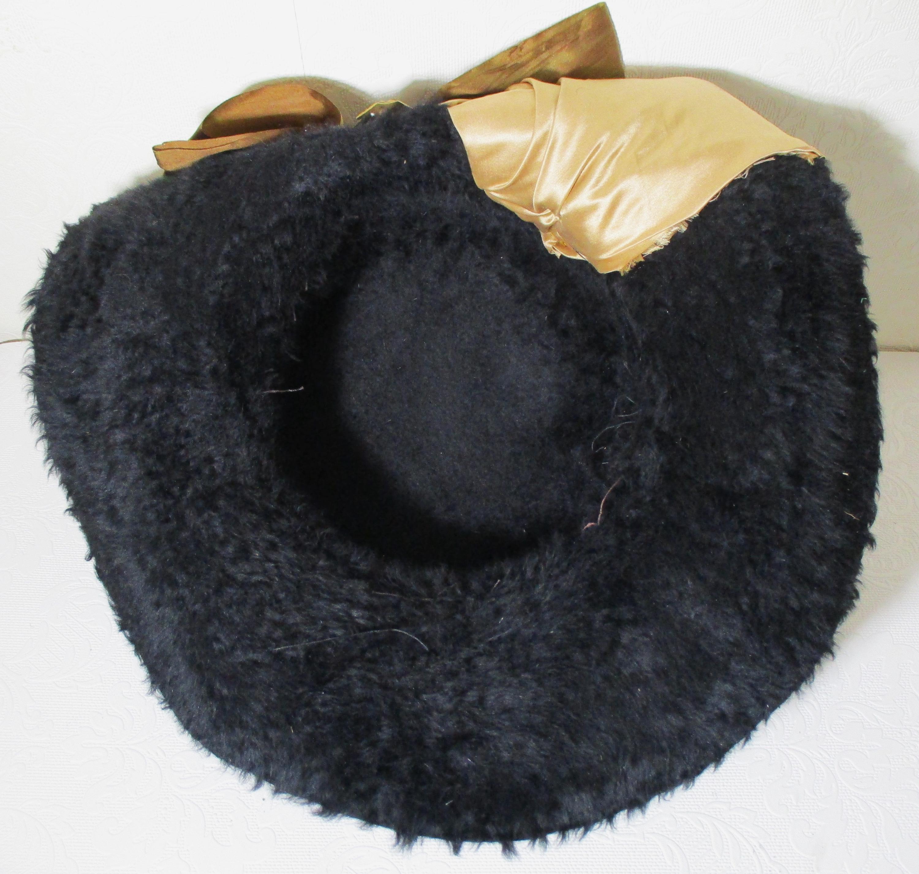 Vintage Black Edwardian Angora Fur Hat with Ribbon Bow Merrimac Ladies Antique Edwardian Circa 1910 Black Beaver Fur Hat  main image 2