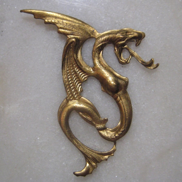 Vintage Dragon Stamping, 1950s Mythical Fantasy Creature, Winged Serpent Pendant Drop, Brooch/Pin, Brass Jewelry Finding 46x39mm, 1 Pc.