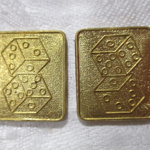Vintage Dice Stampings, Cuff Link Topper/Jewelry Components/Findings/Enamel Blanks, Heavy Die Cast Raw Brass, 22x18mm, Old Stock, 2 pcs.