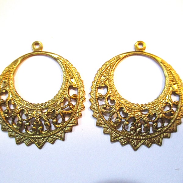 Vintage Filigree Hoops, Round Earring Drops/Dangles, Raw Unplated Stamped Brass Pendants, 32mm by 28mm, 1 pair