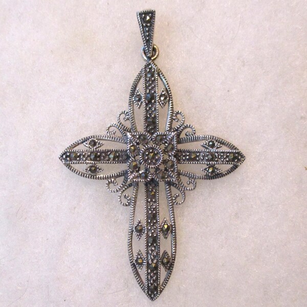 Vintage Signed "DBJ" 925 Sterling Silver and Marcasite Religious Cross Pendant, 52mm by 41mm, 1 Piece (CRMI)