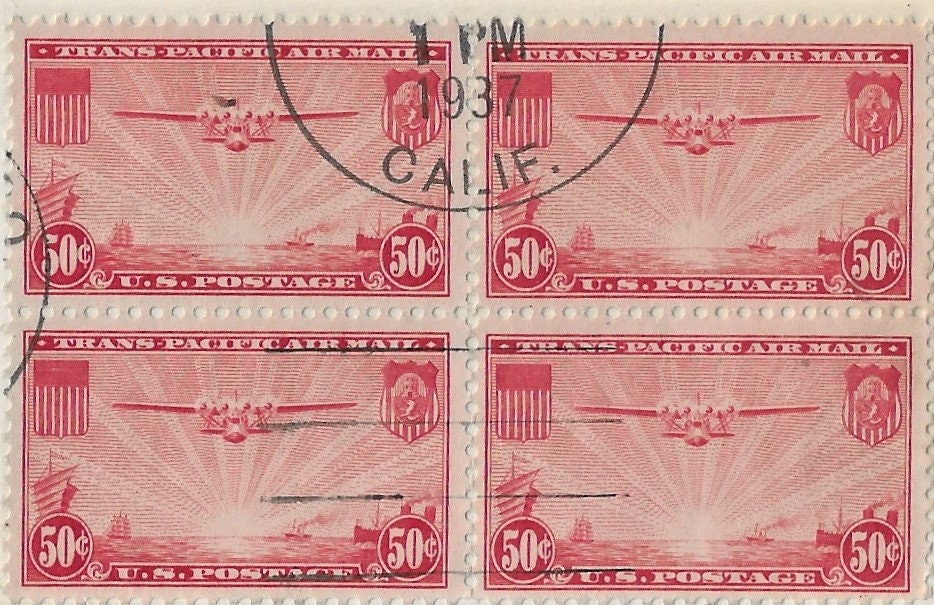 ヴィンテージ 1937 年米国航空郵便切手、4 枚セット、カリフォルニア