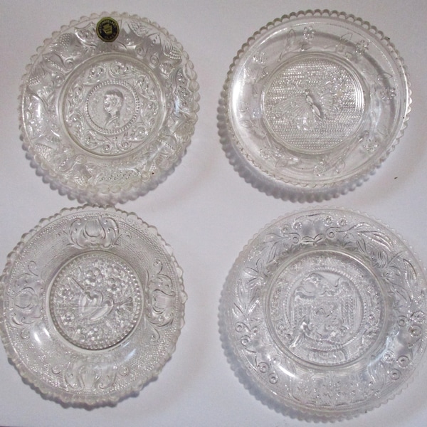 Vintage Westmoreland Pressed Glass 3 1/2 Inch Cup Plates, Henry Clay, Eagle, Lyre & Double Hearts, Butterfly, 4 Pieces