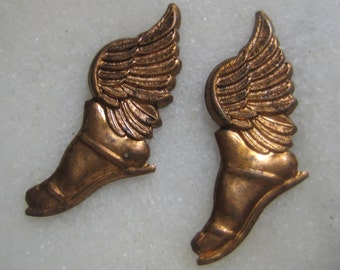 Vintage Winged Feet, Roman/Greek Mythological Gods Hermes or Mercury Sandals/Shoes, Raw Unplated Brass Stampings/Findings, 25x10mm, 1 pr.