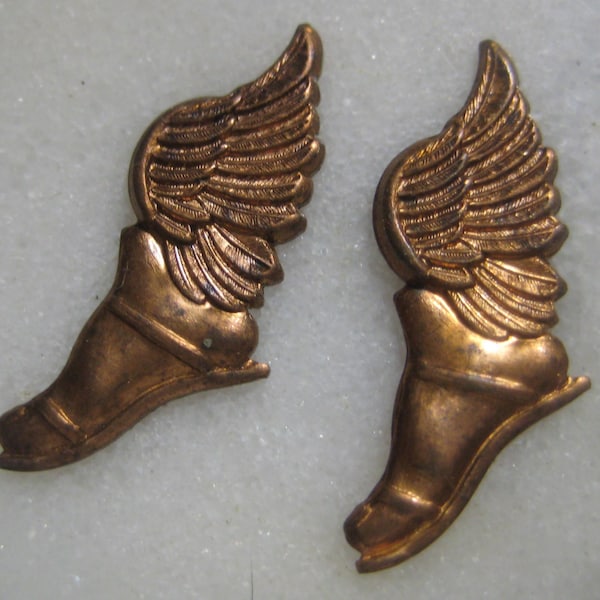 Vintage Winged Feet, Roman/Greek Mythological Gods Hermes or Mercury Sandals/Shoes, Raw Unplated Brass Stampings/Findings, 25x10mm, 1 pr.