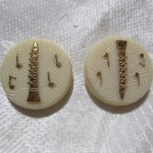 Vintage Musical Instrument; Clarinet,  18mm Round Ivory Glass w/ Gold Paint Cabochons/Cuff Link Toppers, Made In West Germany, 1 Pair