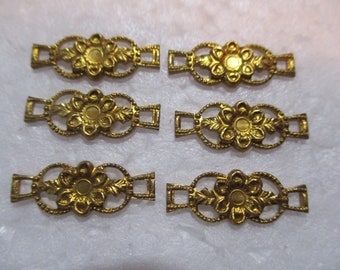 Vintage Stamped Brass Flower Connectors/Links/Jewelry Components, Die Struck, Two Loop, 19mm Long mm, 7.5mm Wide, 6 Pieces