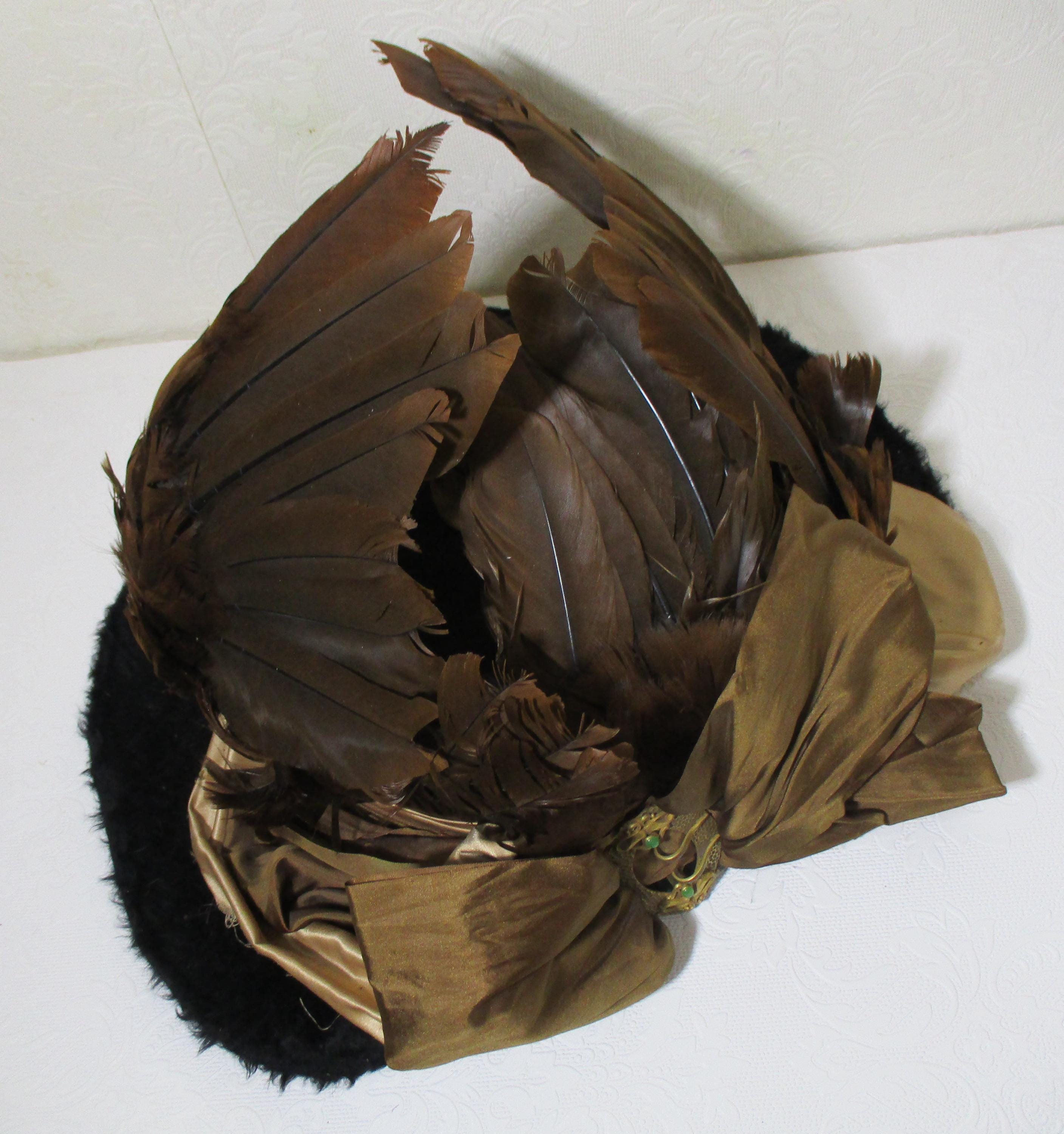 HAT, Black Beaver Felt Hat Vintage Silk Ribbon, Satin Lining, Rare Bird Feathers Ladies Antique Edwardian Circa 1910 Black Beaver Fur Hat  main image 2