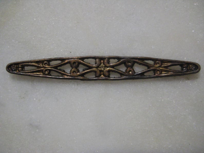 Antique Bar Pin Finding 1 pc. 62 x 8mm Detailed Open Work Filigree Bar Brooch Top Die Struck Raw Unplated Brass Vintage Jewelry Finding