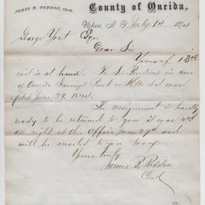 Origineel authentiek antiek 14 juli 1874, griffie, graafschap Oneida, Utica, N.Y. handgeschreven document (CRMI)