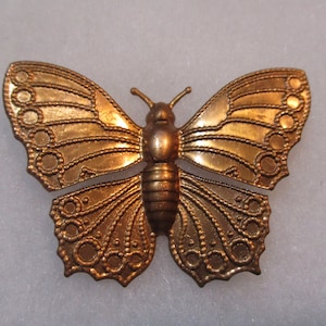 Op de afbeelding: Een bronzen vlinderbroche met gedetailleerde vleugelpatronen en cirkelvormige versieringen. Het lichaam en de antennes van de vlinder zijn ook zichtbaar. De broche is waarschijnlijk van metaal en heeft een vintage uitstraling.