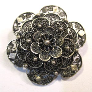 Vintage Mid Century Hand Crafted  800 Silver Cannetille Filigree Flower Brooch Pin.  1 5/8 Inch Diameter, 1 Piece