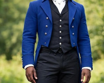 Herren Blauer Wolle Militärfrack, Herren Regency Jacke mit Breeches