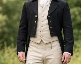 Herren Black Wool Regency Tailcoat, Tailcoat im viktorianischen Stil des 18.Jahrhunderts