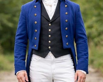 Herren Blauer Woll Regency Frack, Viktorianischer Stil des 18.Jahrhunderts