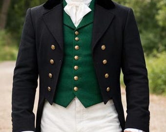 Herren Black Wool Regency Tailcoat, Tailcoat im viktorianischen Stil des 18.Jahrhunderts