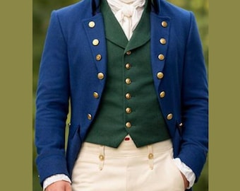 Herren Reiner Blauer Wolle Regency Frack, viktorianischer Stil des 18.Jahrhunderts
