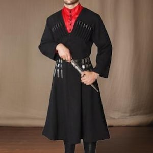 Men's Black Wool Chokha Coat - Georgian Cossack Clothing