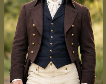 Herren dunkelbrauner Wolle Regency Frack, viktorianischer Stil des 18.Jahrhunderts